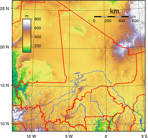 Topographic map of Mali and neighboring countries